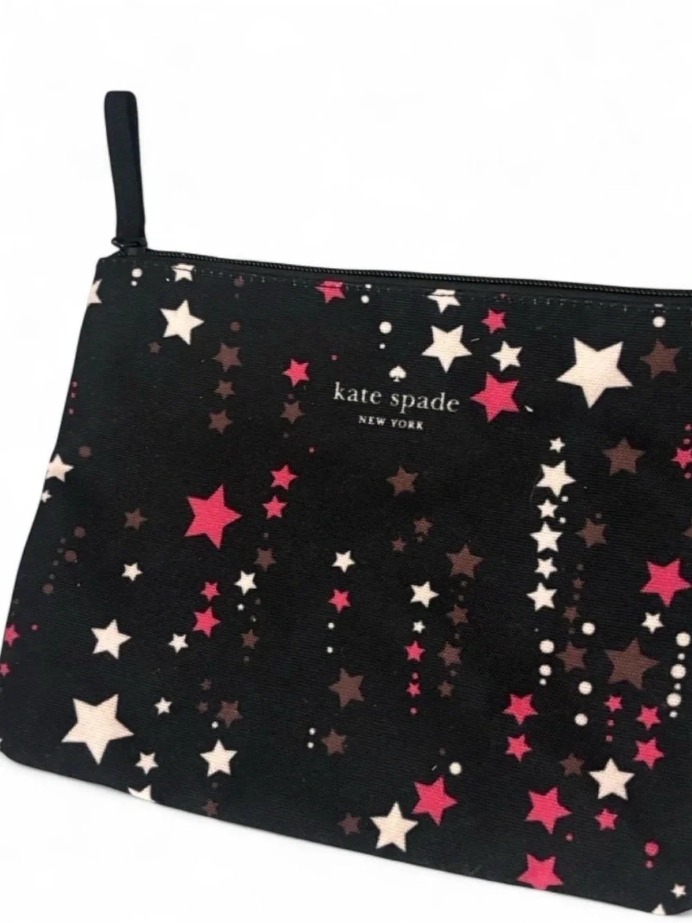 kate spade black star print zip pouch with pink & cream stars